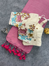 Light Pink Handloom Cotoon Saree With Embrodry Work Stitched Blouse